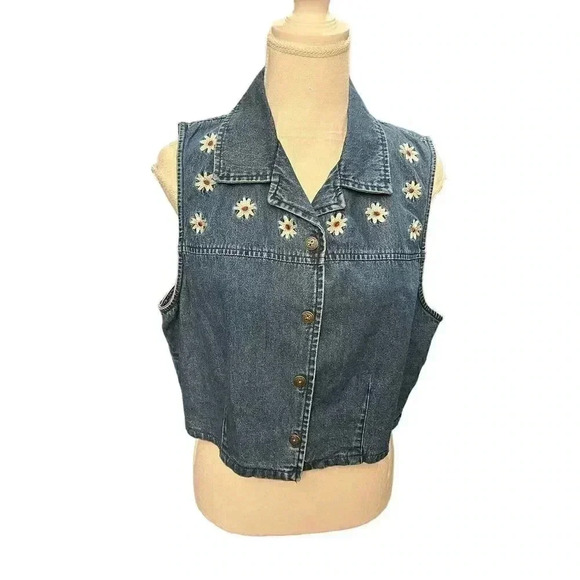 Bobbie Brooks Vintage Denim Vest Y2K Embroidered Floral Button Down Cotton Large - Picture 1 of 9